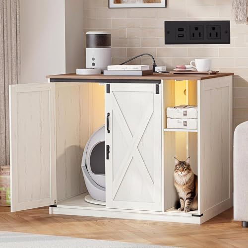Hzuaneri Extra Large Cat Litter Box Enclosure Hidden Self-Cleaning Litter Box Furniture with Rotating Stand Farmhouse Cat Cabinet with Power Outlet & Light Cats House Rustic White CB86414XV2