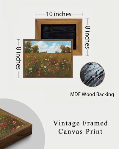 Image of KISSFOX Vintage Landscape Framed Wall Art Autumn Farmhouse Wildflower Field Canvas Art Natural Fall Countryside Paintings Artwork Rustic Art Prints For Bedroom Bathroom Living Room