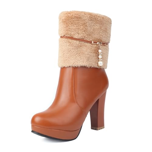 UTIKLIOU Women's Ankle Boots Platform Boots Side Zip Chunky Heel Booties with Fur Round Toe Leather Winter Boots for Women