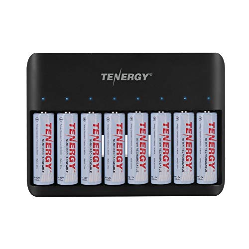 Tenergy TN477U 8-Bay Fast Charger for AA/AAA Ni-MH/NiCD Rechargeable Batteries with Micro USB and USB C Input + 8X AA Rechargeable Batteries