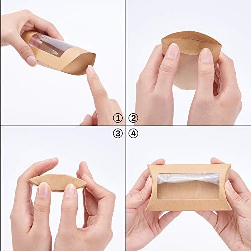 BENECREAT 30pcs 12.5x7.4x4.2cm Brown Kraft Paper Pillow Boxes with Clear Window, Candy Packaging Box Treat Box for Shower, Birthday and Wedding Party