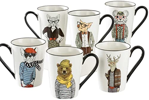 Hipster Animal Stoneware Coffee Mugs by Signature (6-pack)