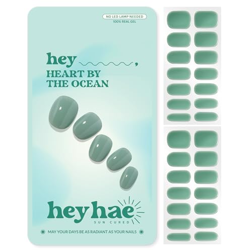 Heyhae Semi Cured Gel Nail Strips | No LED Lamp Needed | Teal Jelly | Easy Apply & Remove Salon Quality | Includes 28 Strips 2 Prep Pads Nail File & Wooden Stick - Hey Heart by the Ocean