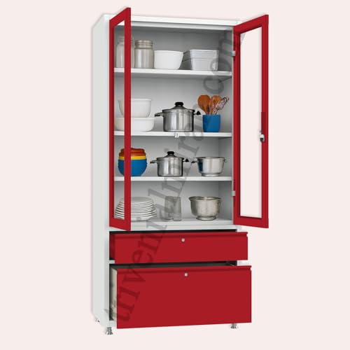 Image of Triveni Almirah Annapurna-5 Steel Wardrobe for Kitchen & Home Use | 10 Year Guarantee on Paint & Locks | 2-Door Glass Almirah with 2 Drawers | Separate Locks for Doors & Drawers | Powder-Coated Finish
