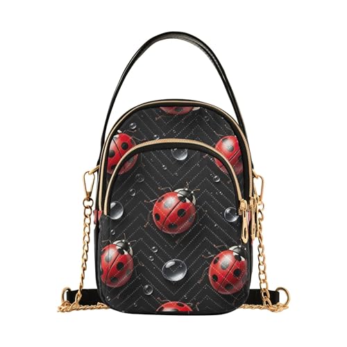 Woman Shoulder Handbag Pattern Chain Strap Cell Phone Purse Quilted Designer Clutch Ladies Zipper Tote Red Ladybugs Black Spots
