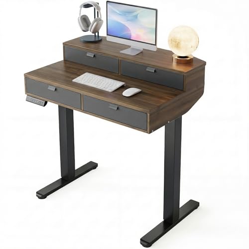 Image of HUANUO 32 X 20 inch Electric Standing Desk with 4 Drawers, Adjustable Height Sit Stand Home Office Desk, C-Clamp Mount Compatible, Ergonomic Stand up Desk with 4 Preset Heights, Walnut