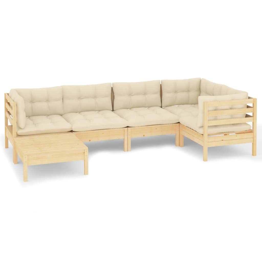 Juego de 6 muebles de jardín (madera de pino maciza, 63,5 cm, con cojín de crema, modular, combinable como muebles de balcón o espacio de estar, al aire libre, para terraza, jardín, balcón