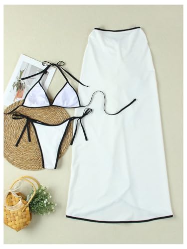 SHENHE Women's String Bikini Set 3 Piece Triangle Halter Colorblock Swimsuits with Cover Up Skirt3