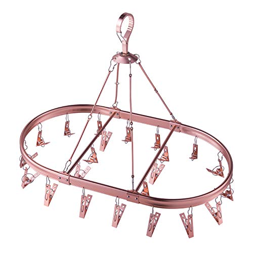 SINGAYE Hanging Drying Rack Windproof Aluminum Alloy Laundry Drying Drip Hanger with 22 Clips for Drying Towels, Baby Clothes,Diapers,Underwear, Socks Gloves (Rose Gold)