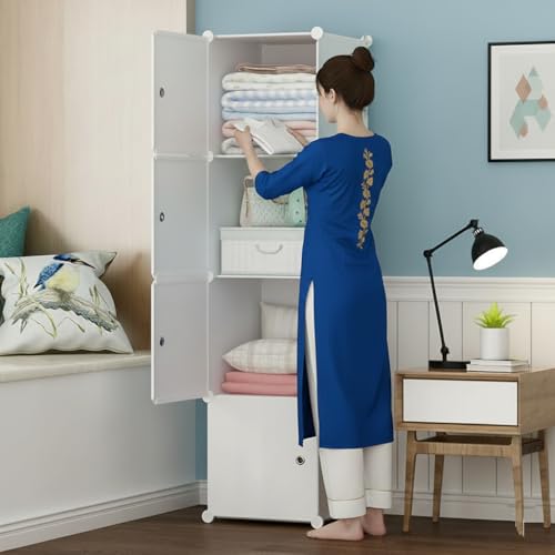 Image of KRISHYAM Kids Modular Storage Cabinet with White Doors, 4 Cube Plastic Wardrobe Organizer, DIY Closet System with Hanging Rod, Toy & Clothes Storage (White, 4 Box)