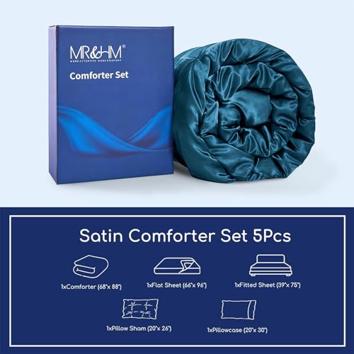 MR&HM Satin Comforter Twin 5 Pieces - Luxurious Pinch Pleat Bedding Set with Comforter, Flat Sheet, Fitted Sheet, Pillowcase & Sham, Super Silky Soft Bed Set for All Season (Twin, Teal)