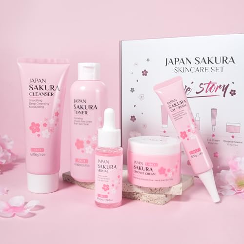 BeauBase Sakura Kit per la Cura Della Pelle Sakura 5 Pezzi, Set Viso Adolescenti ad Alta Capacità, Include Detergente, Tonico, Crema per gli Occhi, Siero e Crema Idratante