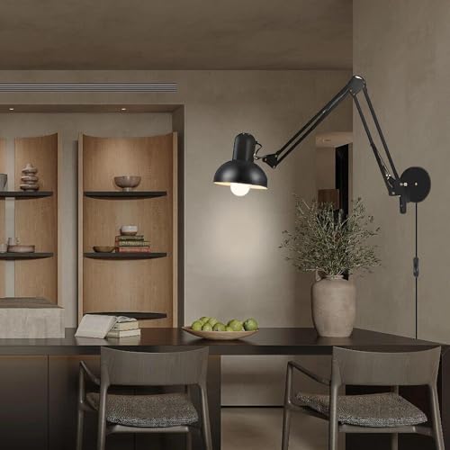 Image of Black Industrial Swing Arm Wall Light Nordic Adjustable Long Arm Wall Sconces Lamp Metal Double-arms Folding Architect Work Wall Mount Lighting for Bedroom Reading Living Room