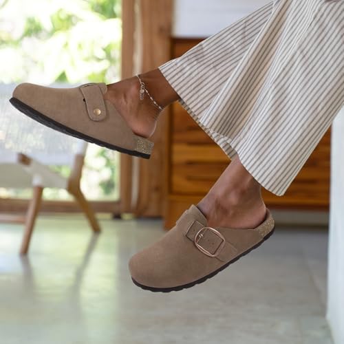 KIDMI Genuine Suede Clogs for Women Memory Foam Cork Footbed Potato Shoes Slip On Leather Mules with Big Buckle