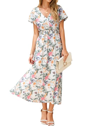 Image of Simplee Womens Floral Maxi Dress - Short Sleeve Summer Boho Wedding Guest Dress Empire Waist Chiffon Modest Midi Dresses