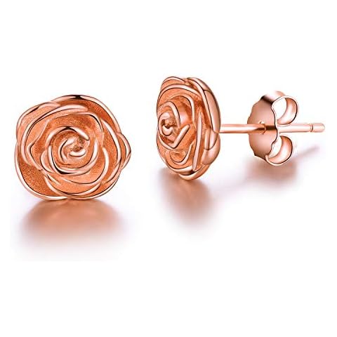 Esberry ✦Gifts for Christmas✦ 18K Gold Plating 925 Sterling Silver Rose Stud Earrings Hypoallergenic Flower Earrings Jewelry for Women and Girls (Rose Gold) Cover
