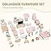 Pithfor Wooden Dollhouse Furniture Set, Dollhouse Accessories and Furniture, with 7 Rooms 3 Dolls, Includes Patio Set & Dog Set, Doll House Furniture Toys Gift for Kids Boys Girls