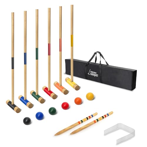 SPORT BEATS Six Player Croquet Set RubberWood 32 Inch Mallets with Carry Case, 6 Balls, 9 Wickets, 2 Stakes for Backyard Outdoor Games