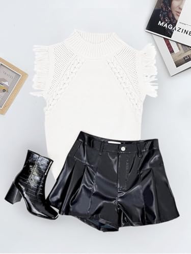 Image of Womens Summer Sleeveless Sweater Vest 2025 Mock Neck Cable Knit Fringe Cap Sleeve Boho Trendy Pullover Tank Tops