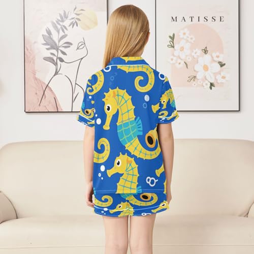 Satin Pajama Sets Short Sleeve Seahorses Swimming on Blue Button Down Silky Nightwear 2 Piece PJS 5-14Y4