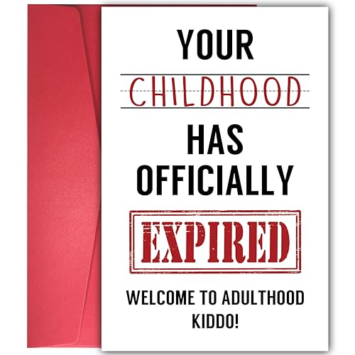Image of Funny 18th Birthday Card for Him Her - Sarcastic 'Your Childhood Has Expired' Design, Adulting Gift for Son Daughter Best Friend