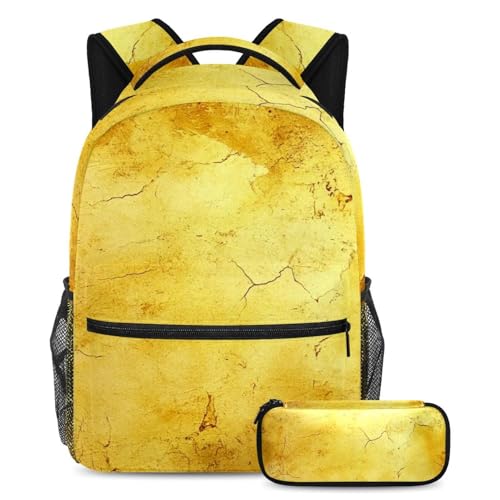 Texture jaune vintage chiné pour cet ensemble cartable grand format avec trousse scolaire