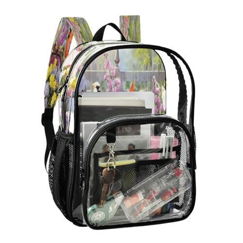 Colorful Bird Garden Clear Backpack - Stadium Approved Large 15.7-inch Waterproof Transparent Bag for Sports, Concerts, Work, Travel#1502