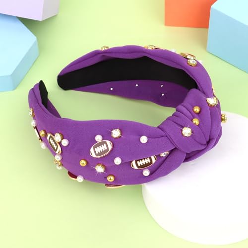 YARIEW Football Headband for Women Pearl Rhinestone Jeweled Knotted Headband Fashion Headband Wide Game Day Sports Hair Accessories Gift for Football Mom Fans Christmas (Purple) - Thumbnail 7