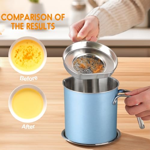 Image of Chihee Grease Container Stainless Steel Bacon Grease Saver with Fine Mesh Strainer 2L / 67.6 fl oz Cooking Oil Keeper Stoarge Can with Dust-proof Lid Non-slip Tray for Kitchen Frying