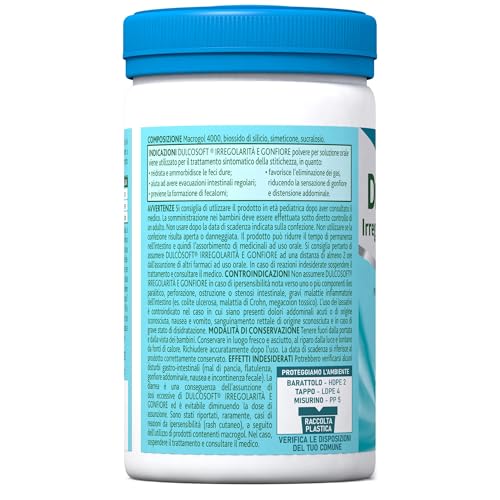Seconda immagine DulcoSoft Irregolarità e Gonfiore, Lassativo Delicato con Macrogol e Simeticone, Senza Glutine Senza Zucchero Senza Lattosio - Rimedi Stitichezza Adulti e Bambini, per Stipsi e Pancia Gonfia (200g)