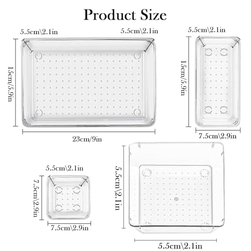 Drawer Organiser Set, Clear Makeup Trays Plastic, Desk Drawer Dividers Dresser Storage Bins Separation Box for Bathroom, Office, Cosmetic, Jewelries and Gadgets, Bedroom (7pcs) - Image 3