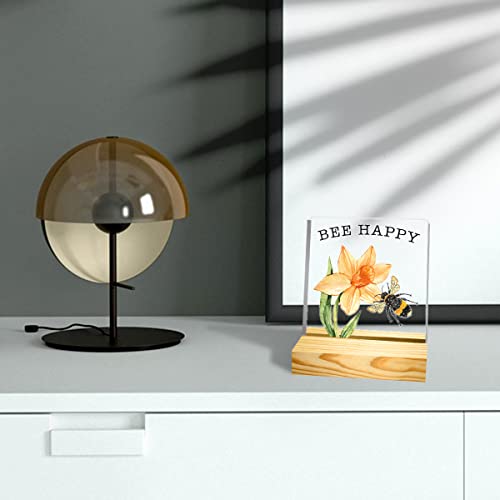 Bee Happy Spring Desk Decor,Farmhouse Busy Bumblebee Acrylic Decorative Sign With Wooden Stand For Home Office Tabletop Desk Decoration,Spring Gifts For Women Girls Sister Friend Coworker #TOP3