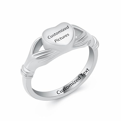 Minicremation Cremation Urn Ring for Ashes for Women Stainless Steel Heart Finger Ring Waterproof Memorial Keepsake Cremation Ring Holds Loved Ones Ashes (Customized Pictures, Customized Pictures)