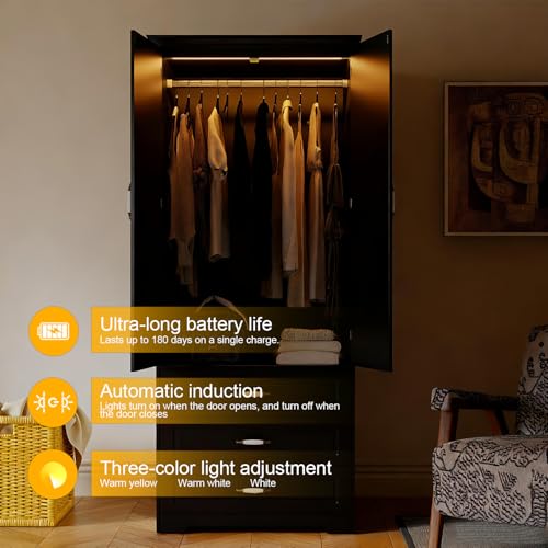 FJTJBSI 72" Wooden Armoire Wardrobe Closet with LED Bedroom Armoire with 3 Drawers and Retro Ceramic Handles Modern Wardrobe Cabinet with Removable Hanging Rod Black - Image 4