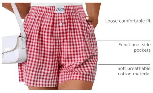 Image of LOMON Boxer Shorts for Women Summer Gingham Pajamas 2026 Lounge Sleep Pj Plaid Shorts Y2K Beach Bottoms with Pockets