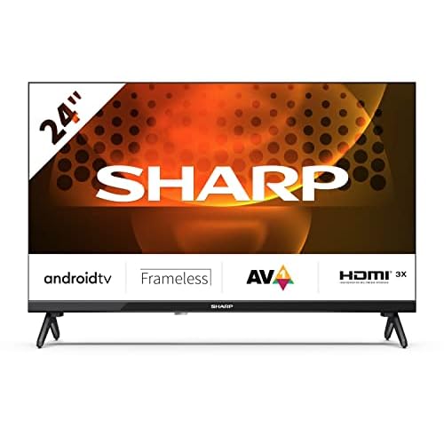 SHARP 24FH6KA 24-Inch HD Ready Smart Frameless Android TV™ in Black with Active Motion 400, HDR10 Support, Chromecast, Google assistant, DTS VirtualX Freeview Play, Pre-Installed Apps, 3x HDMI, 2x USB
