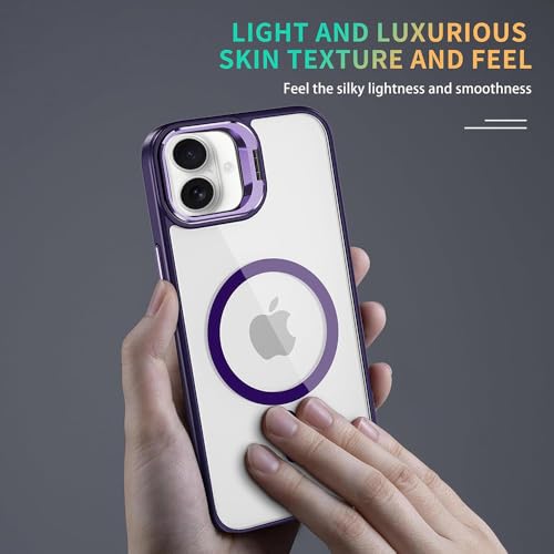 Image of amazon basics Mobile Cover | Compatible with MagSafe | Adjustable Camera Ring Stand | with Tempered Glass Camera Lens Ring | Magnetic PC & TPU Kickstand Case Cover for Apple iPhone 16 (Purple)