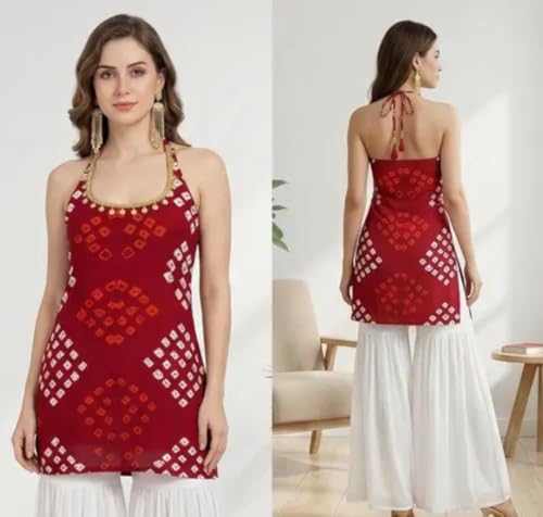 Image of Women's Rayon Bandhani Print Halter Neck Kurti, Red, Embellished Neckline, Ethnic