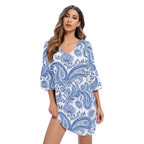 Robe trapèze mousseline de soie col en V vêtement été femme couleur bleu pastel