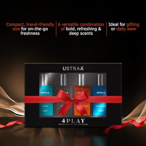 Image of Ustraa 4Play Mini Cologne Gift Set for Men | 4x20ml Perfumes - Tattoo, Basecamp, Scuba & Ammunition | Premium, Long-Lasting Fragrance Collection | Gift Pack for Him