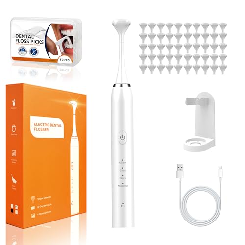 Electric Flosser for Teeth 4 Speeds,Electric Dental Flosser with 50 Replacement Heads,Rechargable Power Flosser for Teeth Cleaning Adults Men and Women