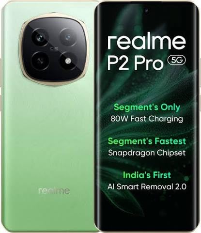realme P2 Pro 5G smartphone, front and back view in Parrot Green color