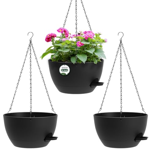 AHJZO 3 Pack 10 Hanging Flower Pots with Chains Self Watering Plastic Planters for Indoor Outdoor Plants Sturdy Triangular Iron Chain Design for Garden PorchPlastic Hanging Flower pots (3 Black)