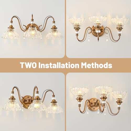 Image of Vintage Bathroom Vanity Light, 3-Light Matte Antique Brass Finish Wall Sconce with Hanging Crystal Accents and Flower-Shaped Clear Glass Shades, Retro Wall Mount Vanity Light Over Mirror for Bathroom