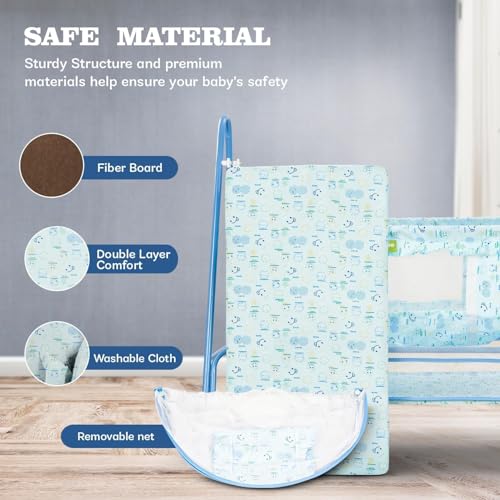 Image of BAYBEE Clora Baby Cradle and Swing with Mosquito Net | Jhula Palna for Newborns | 360 Rotating Lockable Wheels & Storage Basket | Light Blue