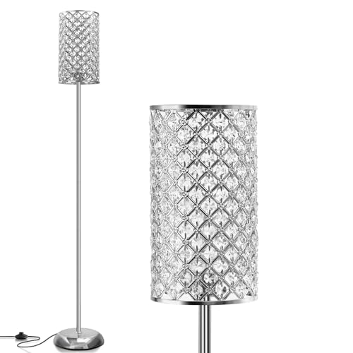 GyroVu Lampada da terra in cristallo, elegante lampada da terra moderna con finitura argentata, lampada ad alto palo con interruttore on/off a pedale per soggiorno, camera da letto per ragazze, comò