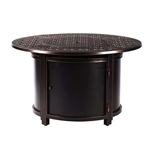 Image of Aluminum 57,0000 BTU 44 in. Round Propane Black Fire Pit Table with Fire Beads, Lid, Propane Tank Cover and Table Fabric Covers in Copper Finish