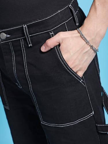 Image of The Indian Garage Co Men Baggy Solid Mid-Rise Stretchable Jeans Black