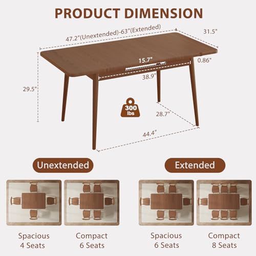 Image of Muwuele Solid Wood Extendable Dining Table for 4-8 People with Seamless Extension from 47.2 to 63 Inches, Easy Assembly, Expandable Tables for Small Spaces, Dining Room, Kitchen, Living Room, Walnut