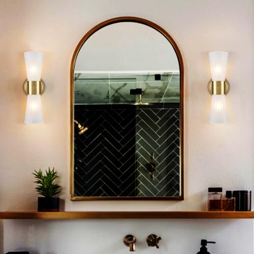 Image of Modern Wall Vanity Light Fixture Brushed Gold Wall Sconce, Adjustable Direction Up Down Wall Light with Frosted Milk White Striped Glass Shade for Living Room Bedroom Bathroom Hallway